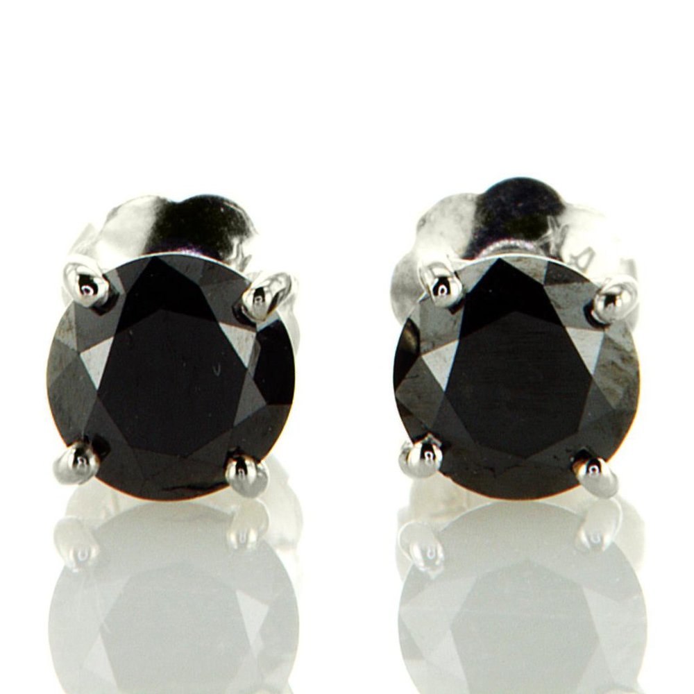 Black Diamond Stud Earrings Round Shape 0.85 TCW IGI Certificate 14K White Gold